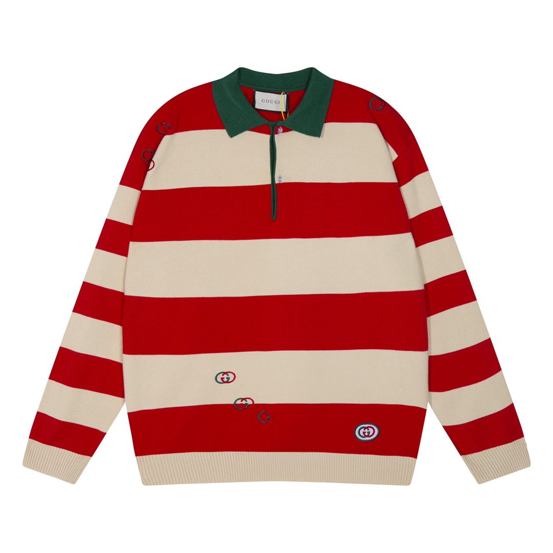 Gucci Logo Embroidered Striped Cotton Half-Placket Sweater - PerfectKickZ
