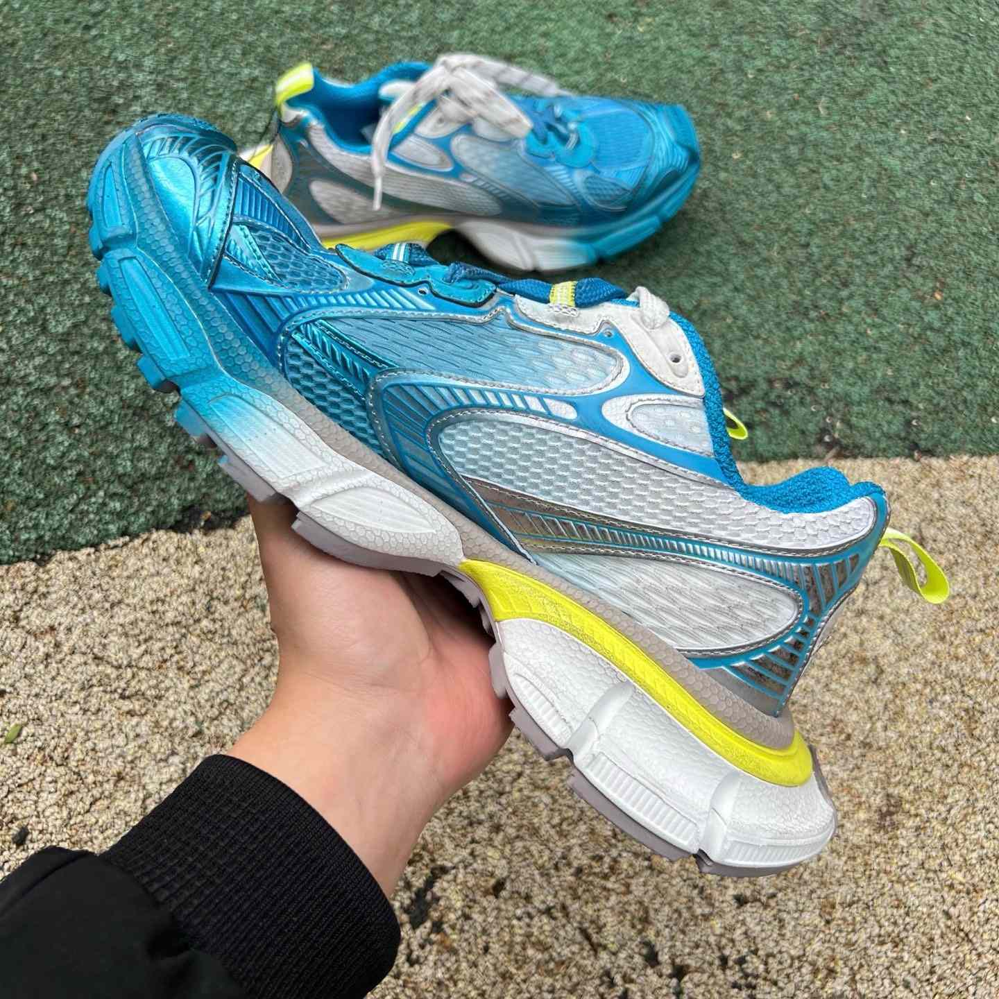Balenciaga 3XL Toe Spray Sneaker In white, blue and yellow - PerfectKickZ