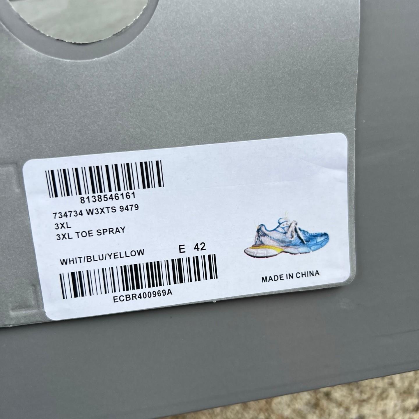 Balenciaga 3XL Toe Spray Sneaker In white, blue and yellow - PerfectKickZ