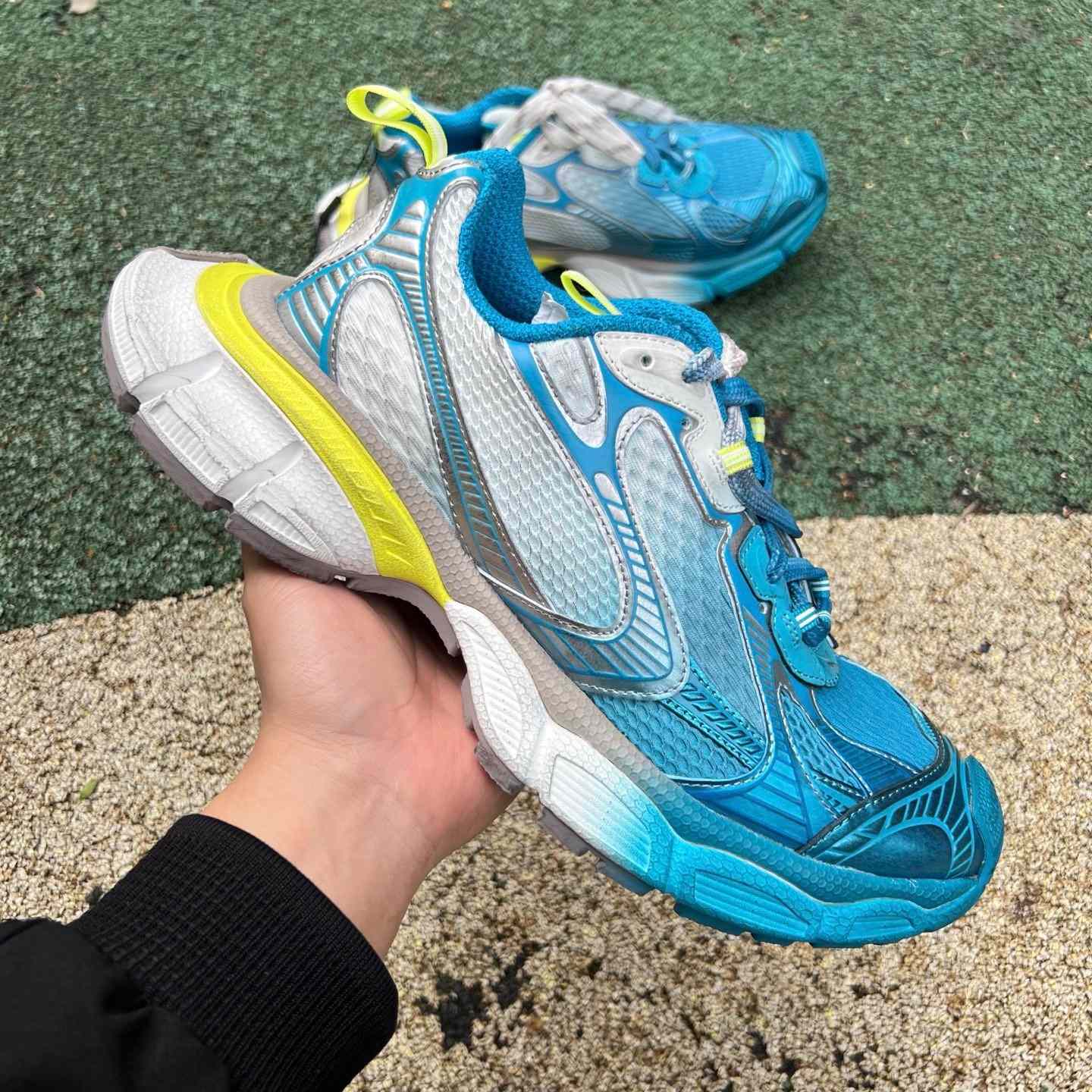Balenciaga 3XL Toe Spray Sneaker In white, blue and yellow - PerfectKickZ