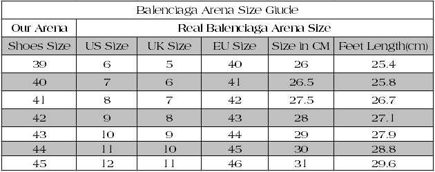 Balenciaga Arena Size Guide